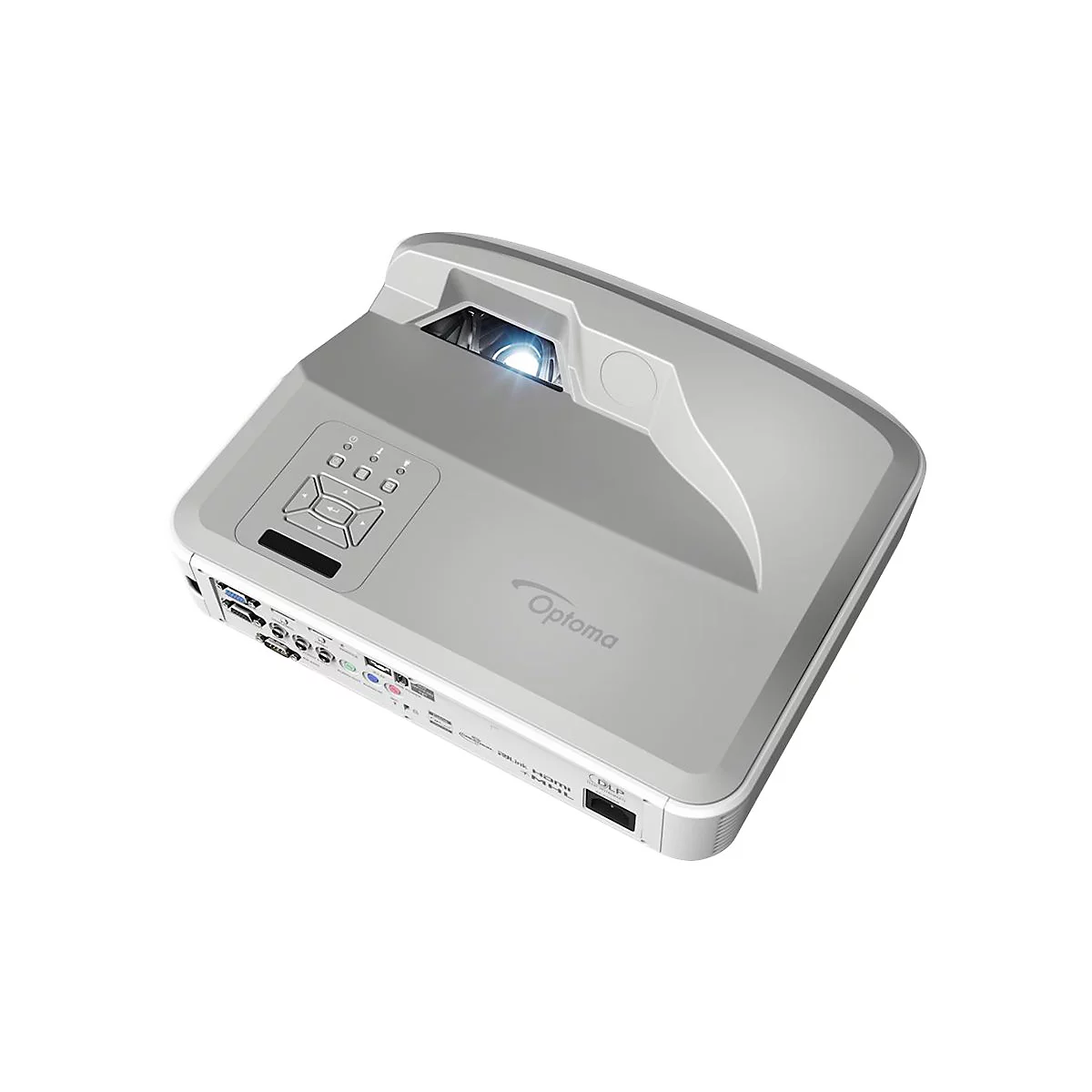 Vue de dessus d'un projecteur Optoma gris clair. Panneau de commande, logo, ports et sortie de ventilateur visibles.