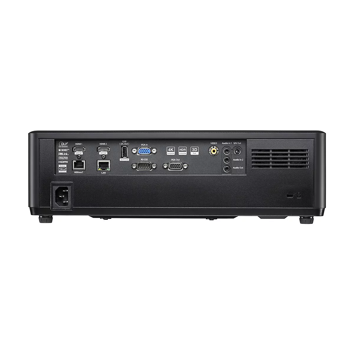 Schwarzer Projektor mit Anschlüssen, Beschriftungen und Lüftungsschlitzen. Rückseite, Details wie HDMI, LAN, Audioausgang, USB und Stromanschluss.