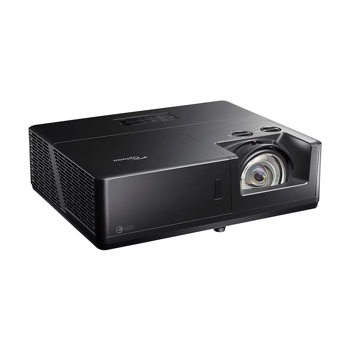 Projecteur Optoma noir sur fond blanc. Objectif et fentes d'aération bien visibles.