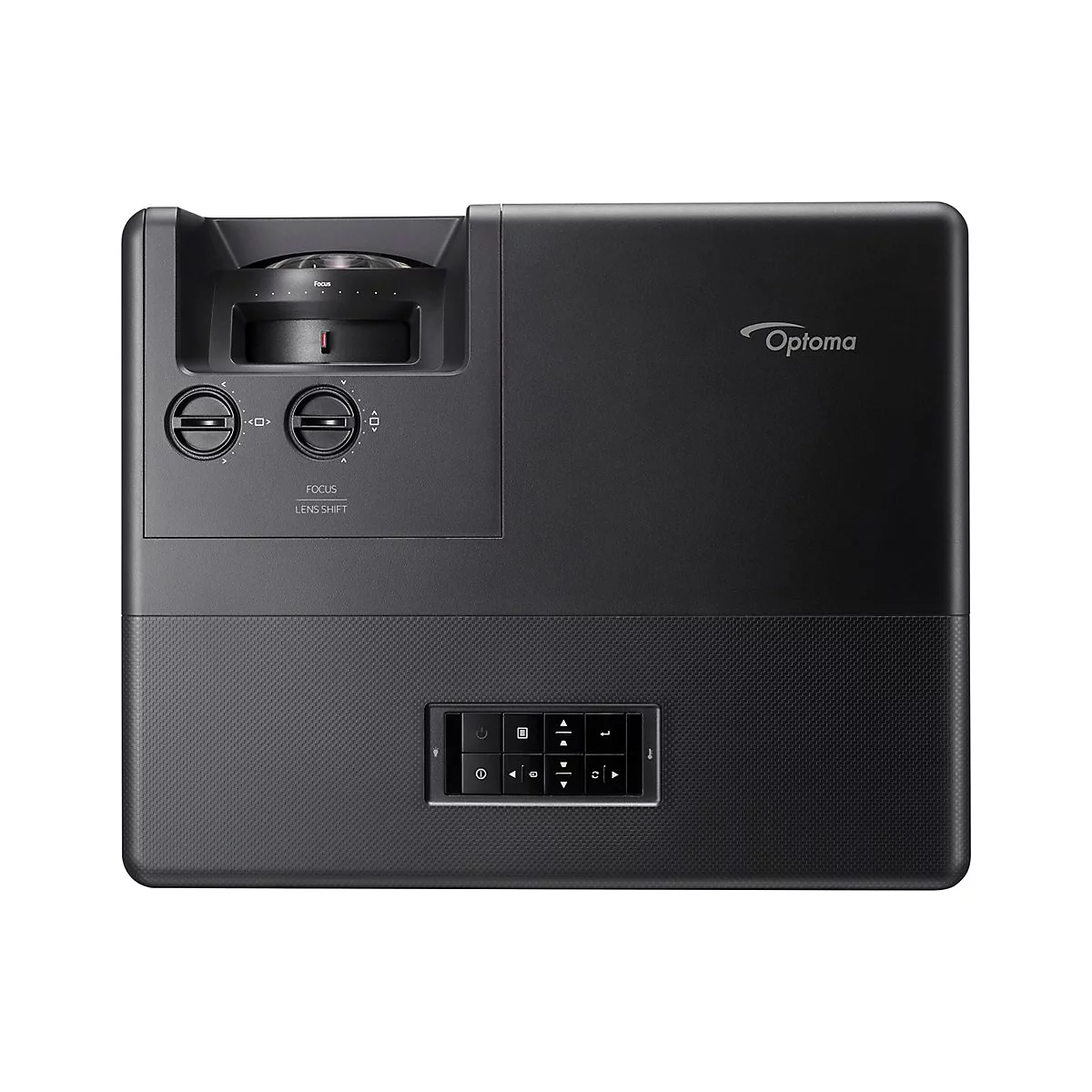 Projecteur Optoma gris foncé, vue de dessus. Réglages de la mise au point et du décalage de l'objectif, panneau de contrôle. Logo Optoma.