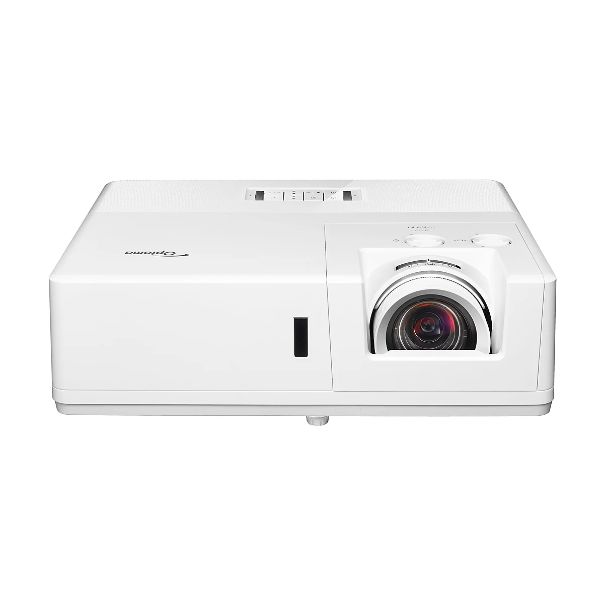 Weißer Projektor von Optoma mit Objektiv und Bedienelementen. Auf der Oberseite befinden sich weitere Bedienelemente.