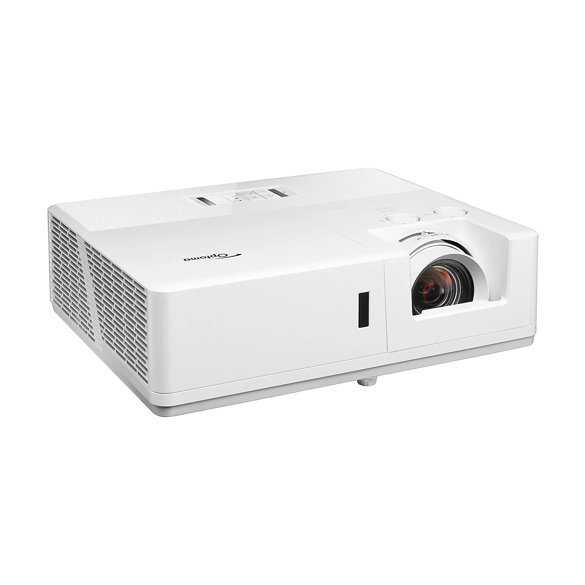 Weißer Projektor mit Objektiv, Reglern und Marke "Optoma".