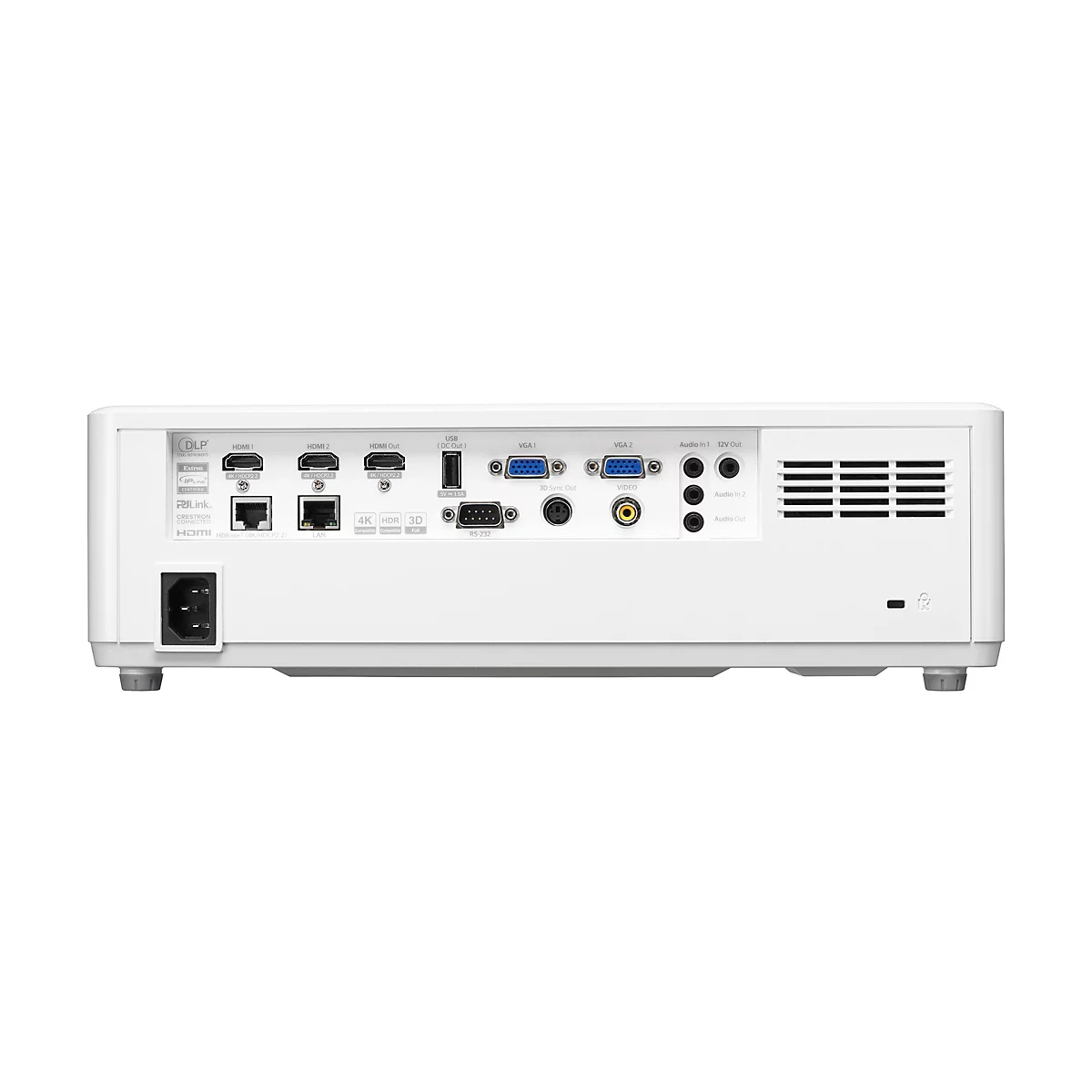 Rückseite eines weißen Projektors mit verschiedenen Anschlüssen und Schnittstellen. HDMI, VGA, USB, Audioeingänge und -ausgänge sind deutlich beschriftet.