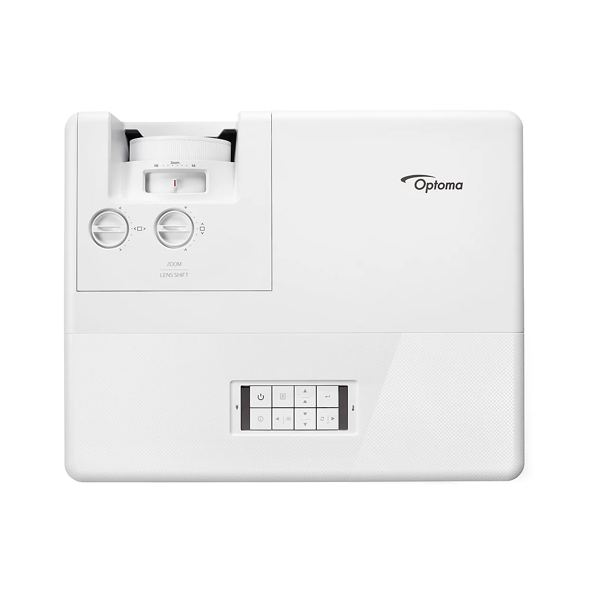 Nahaufnahme eines weißen Optoma-Projektors. Zoom-, Linsenverschiebe- und Bedienfelder. Optoma-Logo rechts.