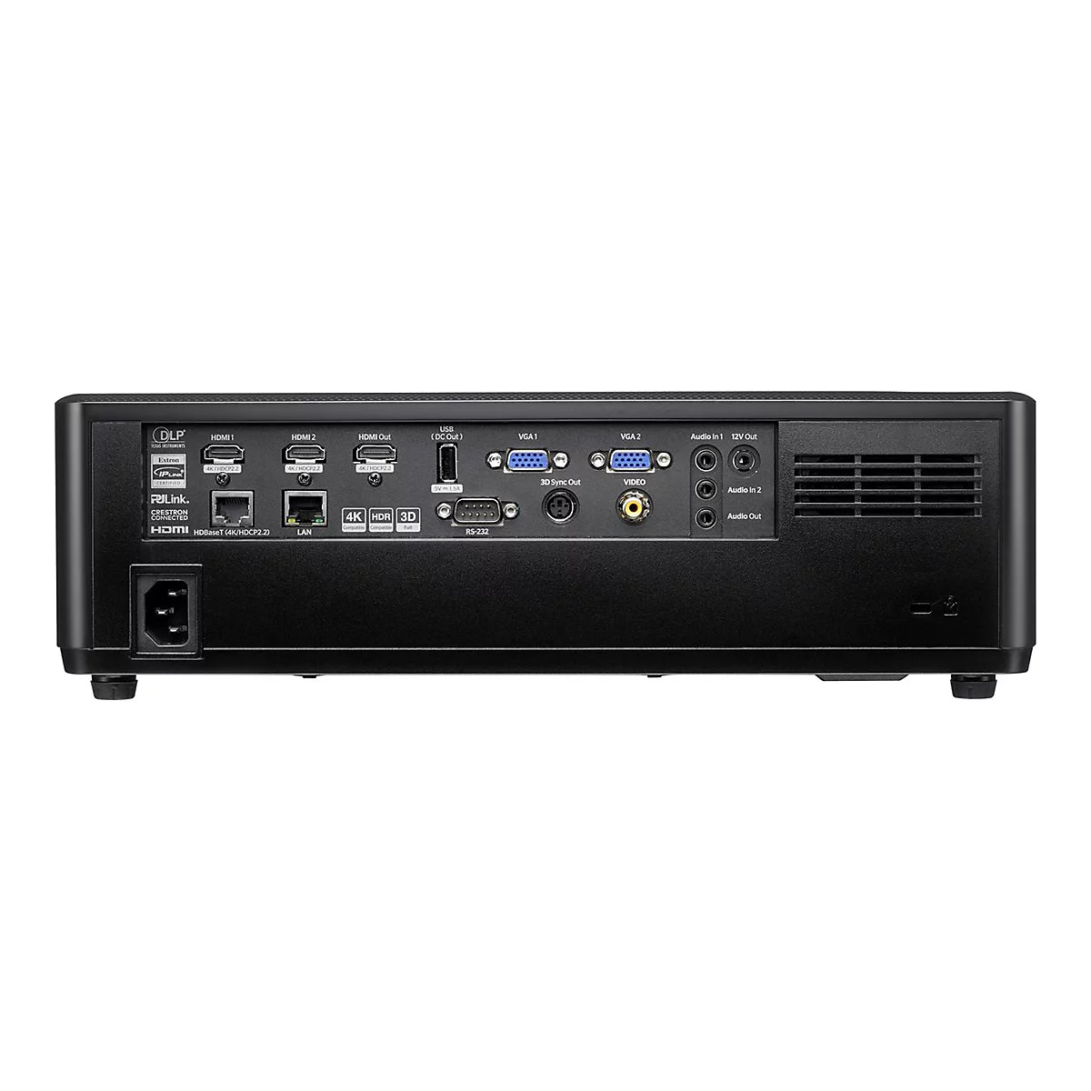 Rückseite eines schwarzen Projektors mit Anschlüssen für HDMI, VGA, USB und Audio.