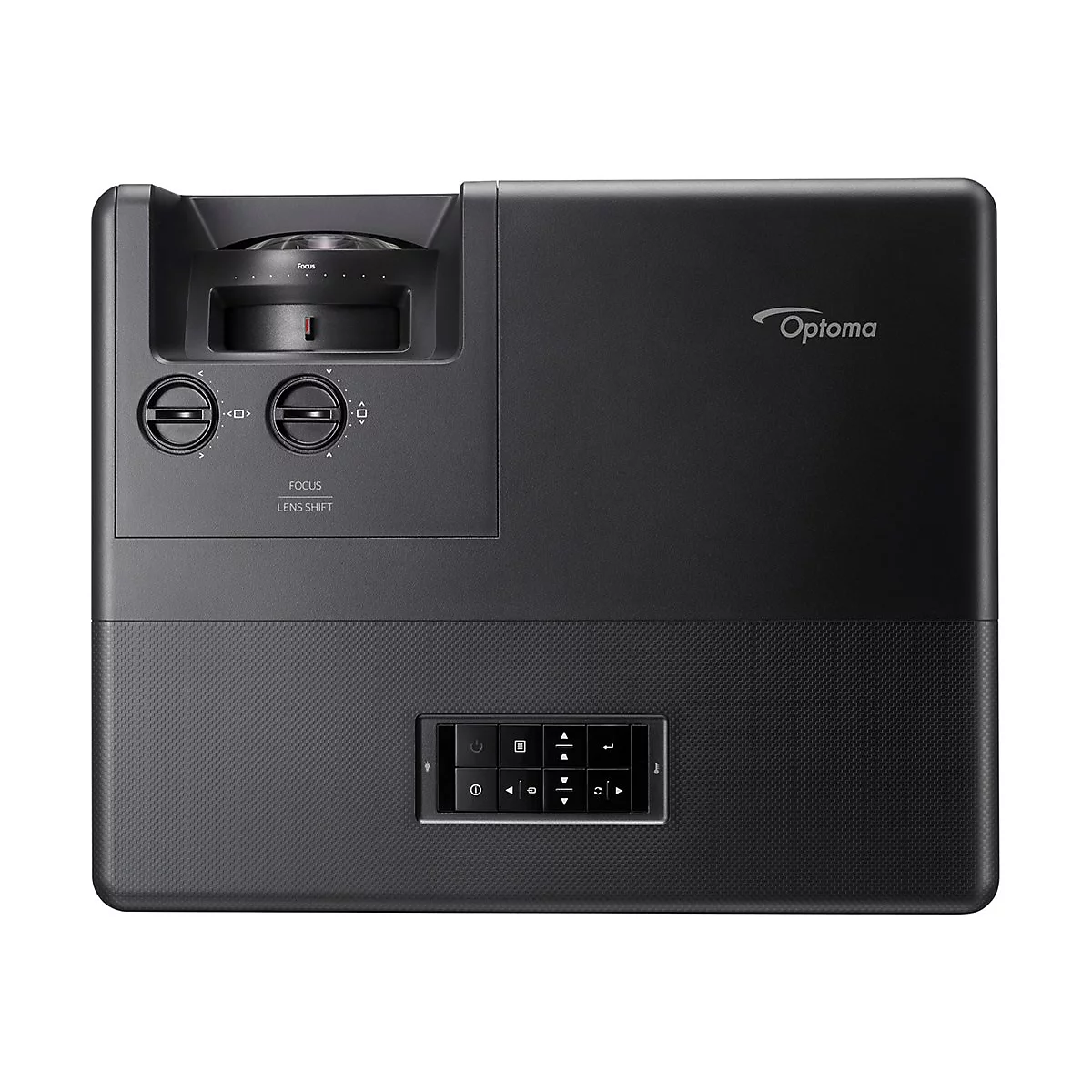 Schwarzer Optoma-Projektor, Detailansicht. Bedienknöpfe und Anschlüsse unten, das Optoma-Logo oben rechts.