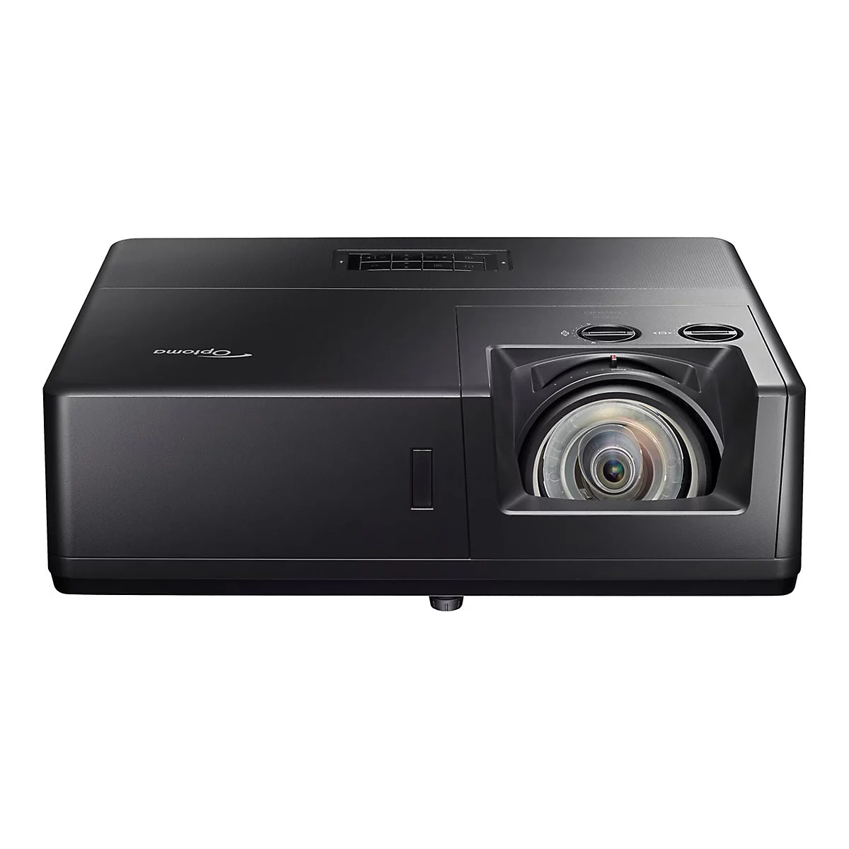 Ein schwarzer Optoma-Projektor. Das Objektiv ist im Fokus, das Gerät liegt auf weißem Hintergrund.