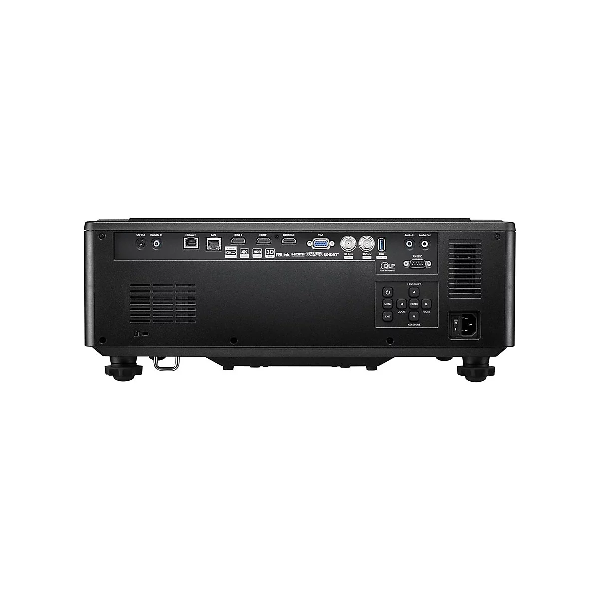Schwarzer Projektor-Rückseite mit Anschlüssen, Knöpfen und Lüftungsschlitzen. Text: HDMI, 4K, HDR, RLink.