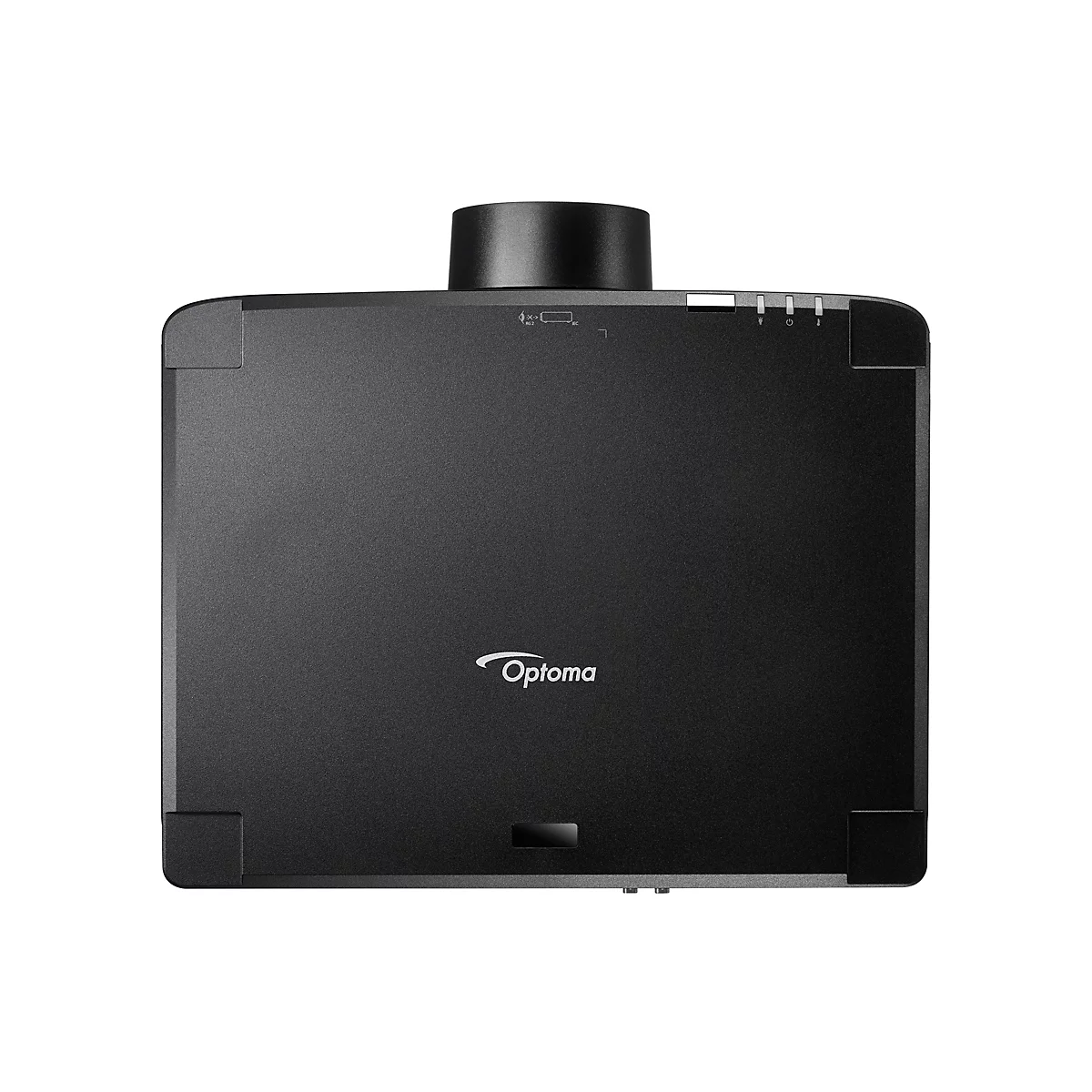 Draufsicht auf einen schwarzen Projektor mit dem Logo "Optoma". Oberhalb sind Knöpfe und ein Objektiv.