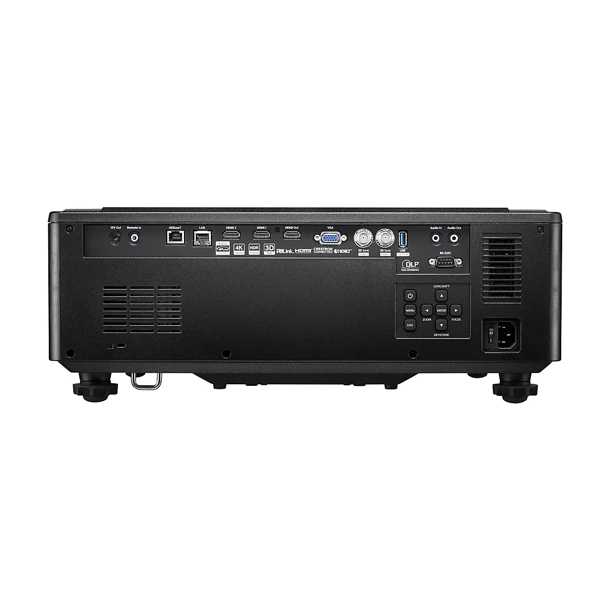 Rückseite eines schwarzen Projektors mit Anschlüssen für Strom, HDMI, VGA, Audio und USB.