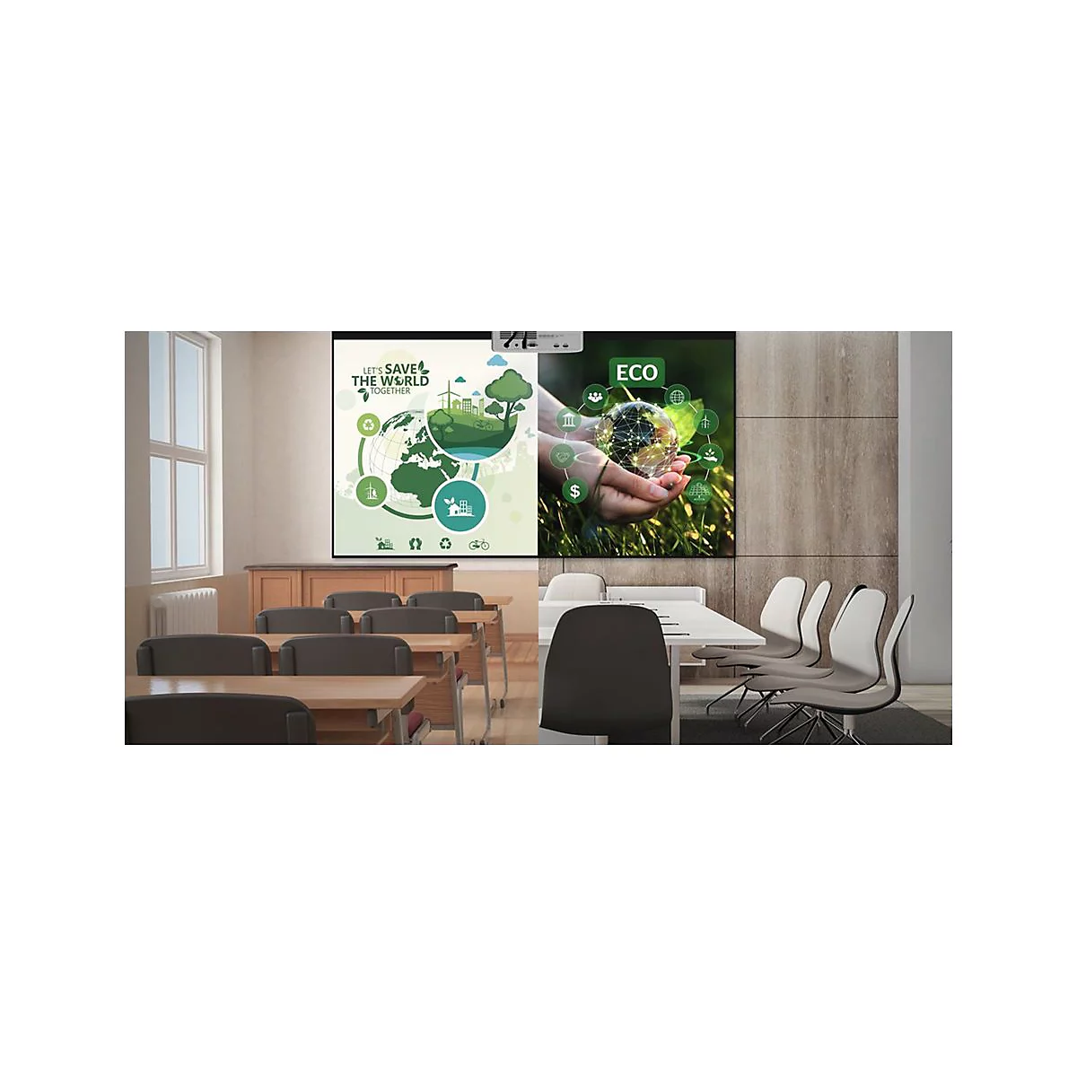 Une salle de classe avec deux Ã©crans axÃ©s sur l'environnement. Ã€ gauche, Â« Save the World Â», Ã  droite, Â« ECO Â». Salle de classe avec tables et chaises.