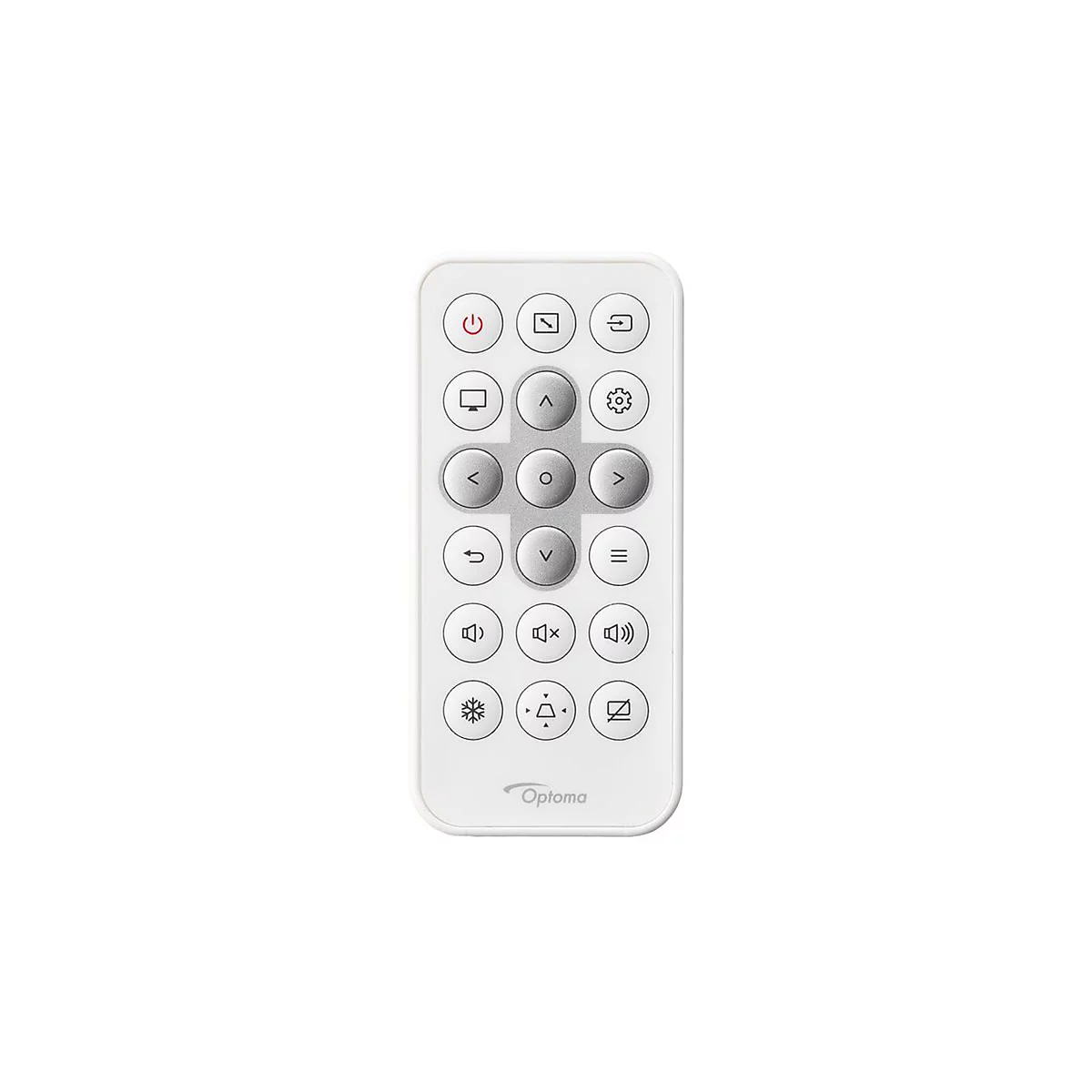 TÃ©lÃ©commande blanche avec de nombreux boutons, logo Optoma en bas.
