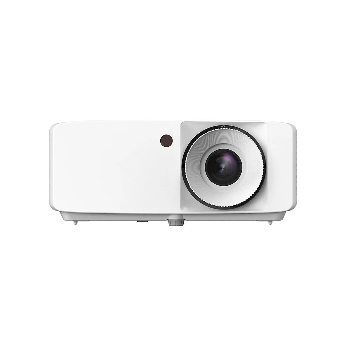 Projecteur blanc avec objectif, bouton marron et fond blanc.