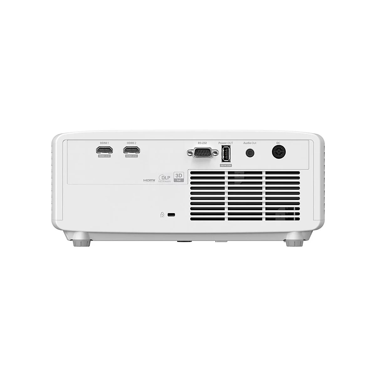 ArriÃ¨re d'un projecteur blanc avec ports, une grille d'aÃ©ration et des pieds.