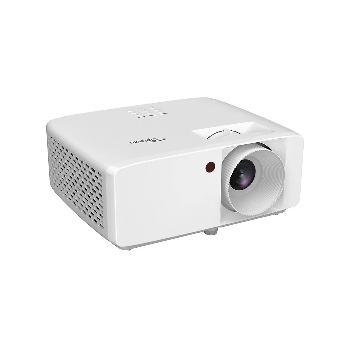 Projecteur blanc avec objectif noir, logo Optoma et bouton rouge.