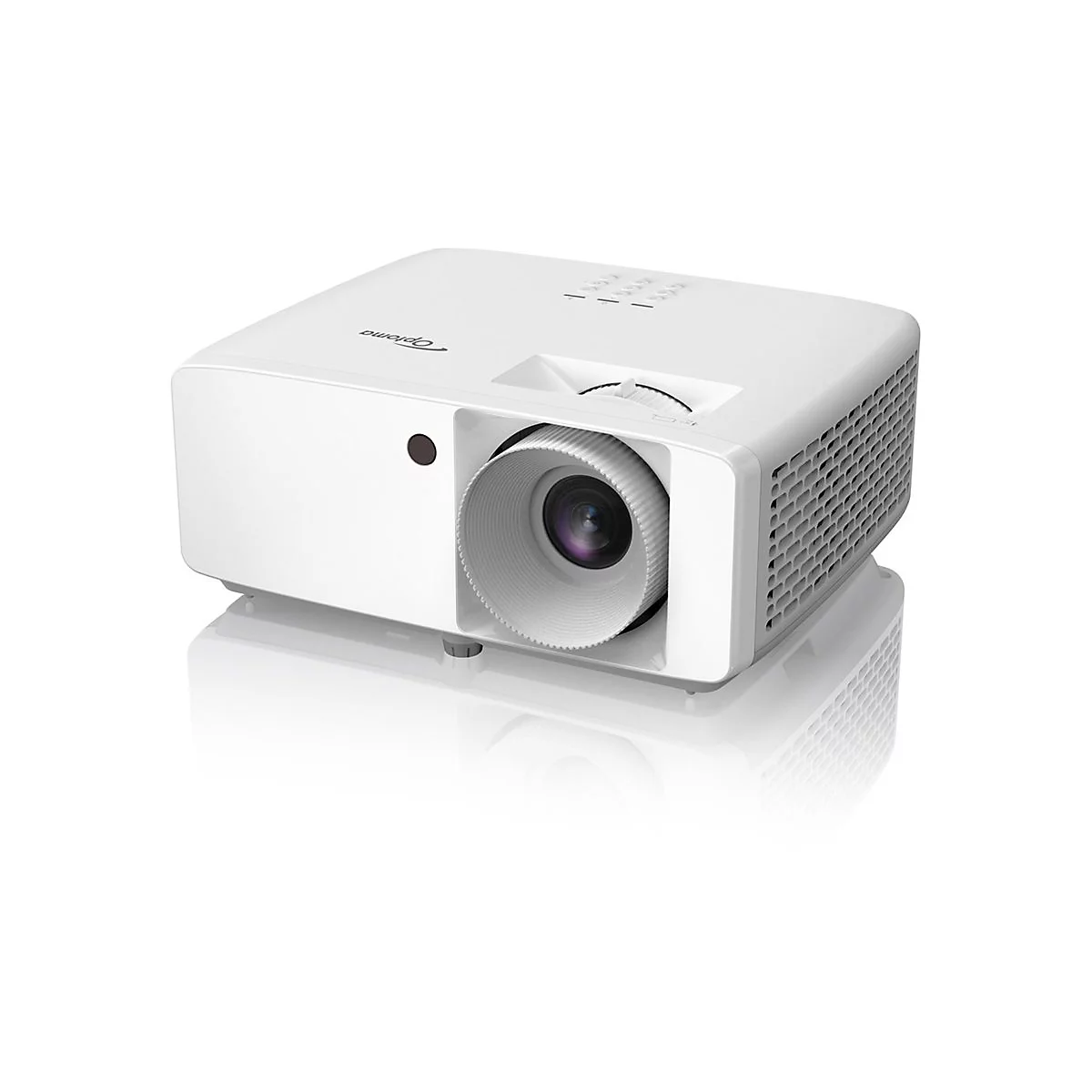 Projecteur Optoma blanc, lentille, grille de ventilation, sur une surface brillante.