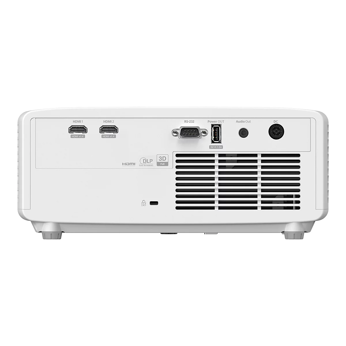 Rückseite eines weißen Projektors mit Anschlüssen wie HDMI, RS-232, Audio und Strom. Der Projektor hat seitlich Lüftungsschlitze.