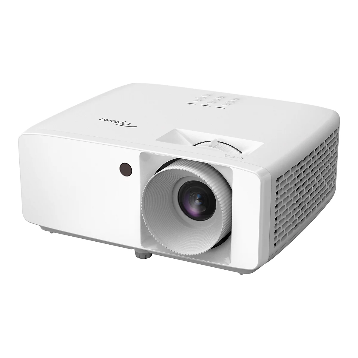 Ein weißer Optoma-Projektor. Der Projektor hat eine Linse mit gewelltem Rand. Auf der Oberseite sind Knöpfe.