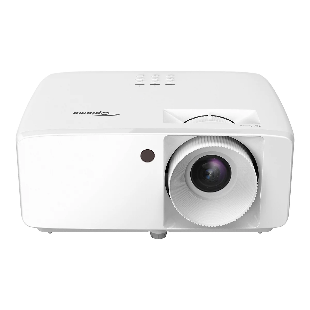 Weißer Projektor mit Optoma-Logo. Objektiv, Bedienknöpfe und Einstellrad sichtbar.