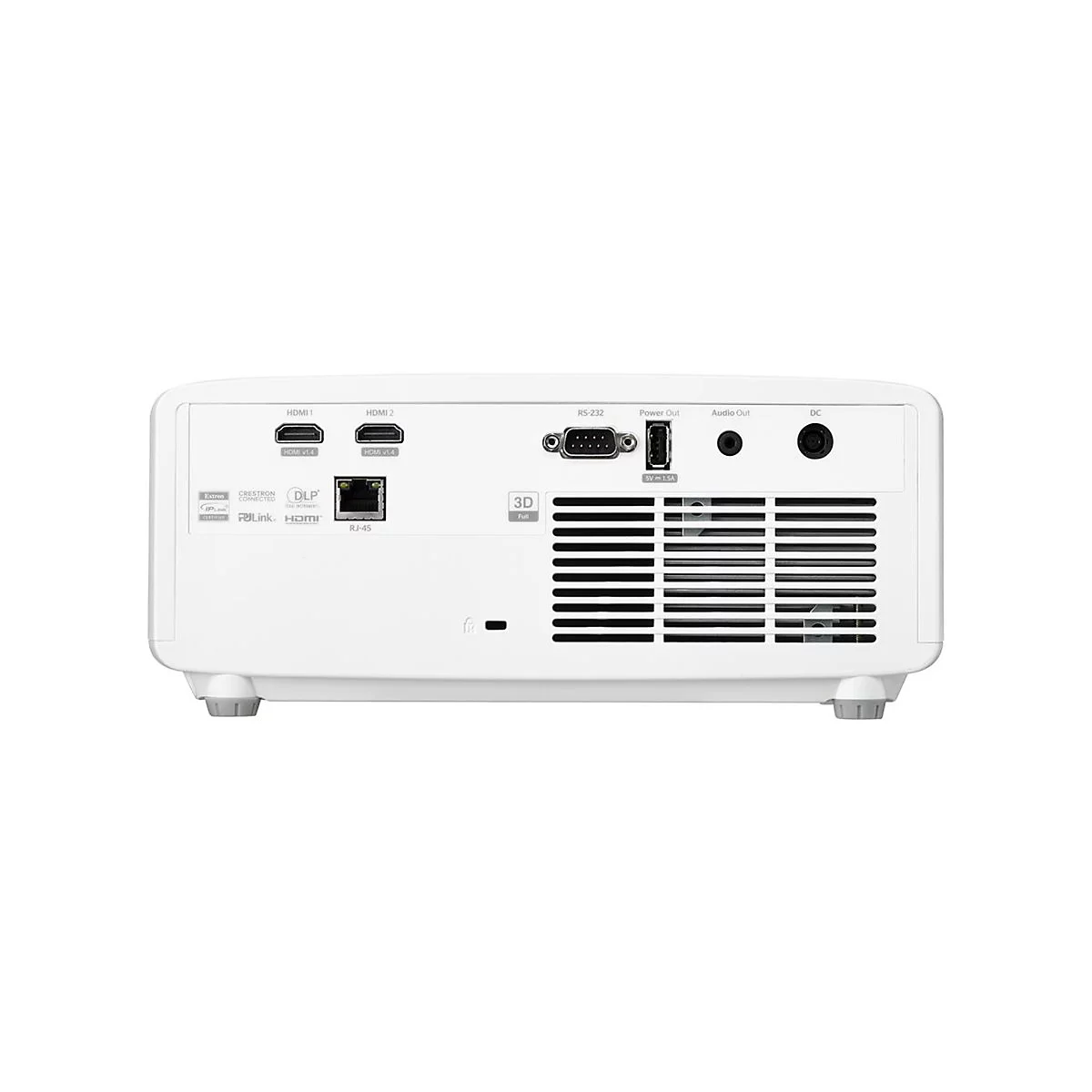 Rückseite eines weißen Projektors. Verschiedene Anschlüsse wie HDMI, RS-232, Audio Out sind erkennbar.