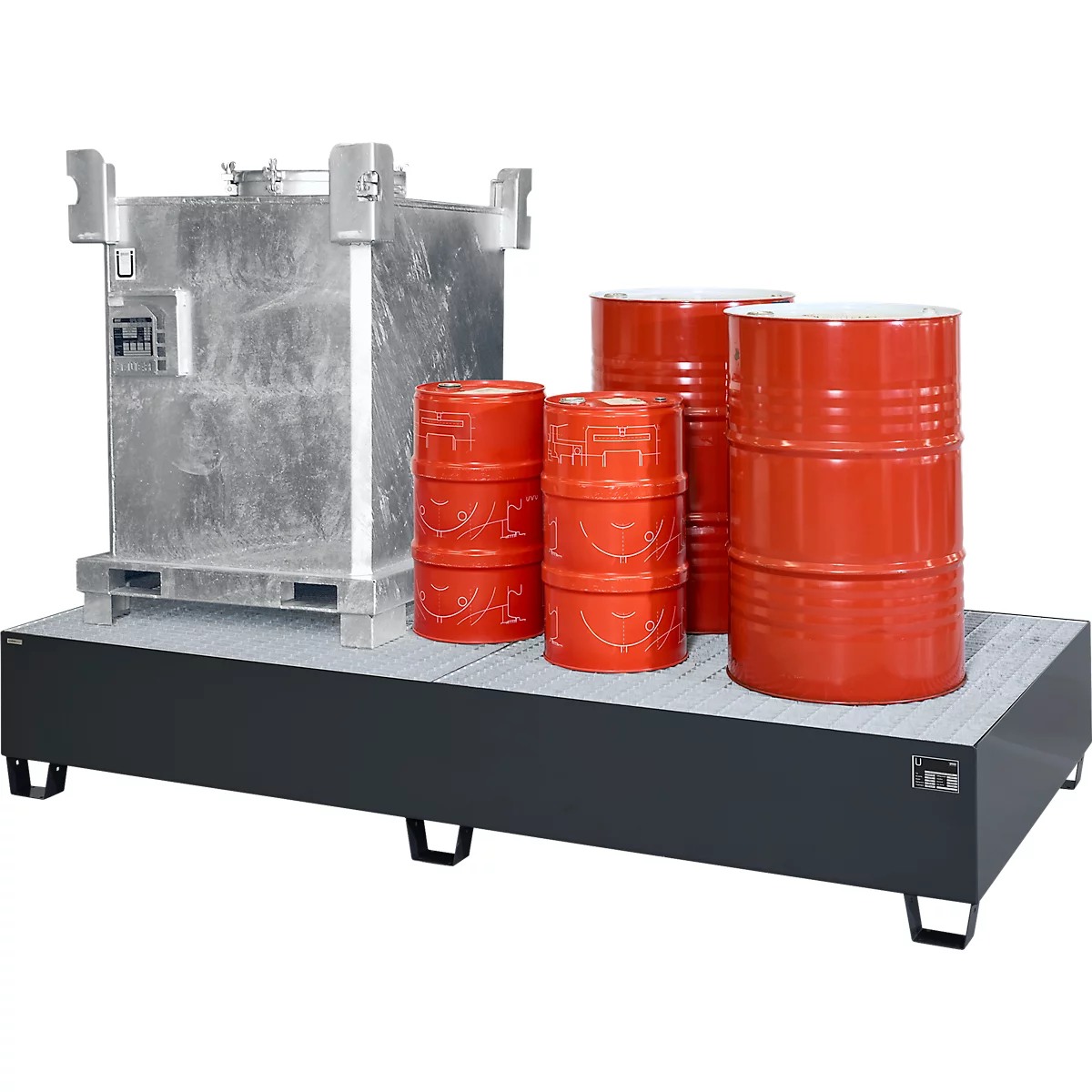 Opvangbak 1000-2 - staal - L 2650 x B 1300 x H 435 mm - voor 2 x 1000 liter IBC container - verzinkt rooster - antraciet RAL 7016 - Schäfer Shop Pure