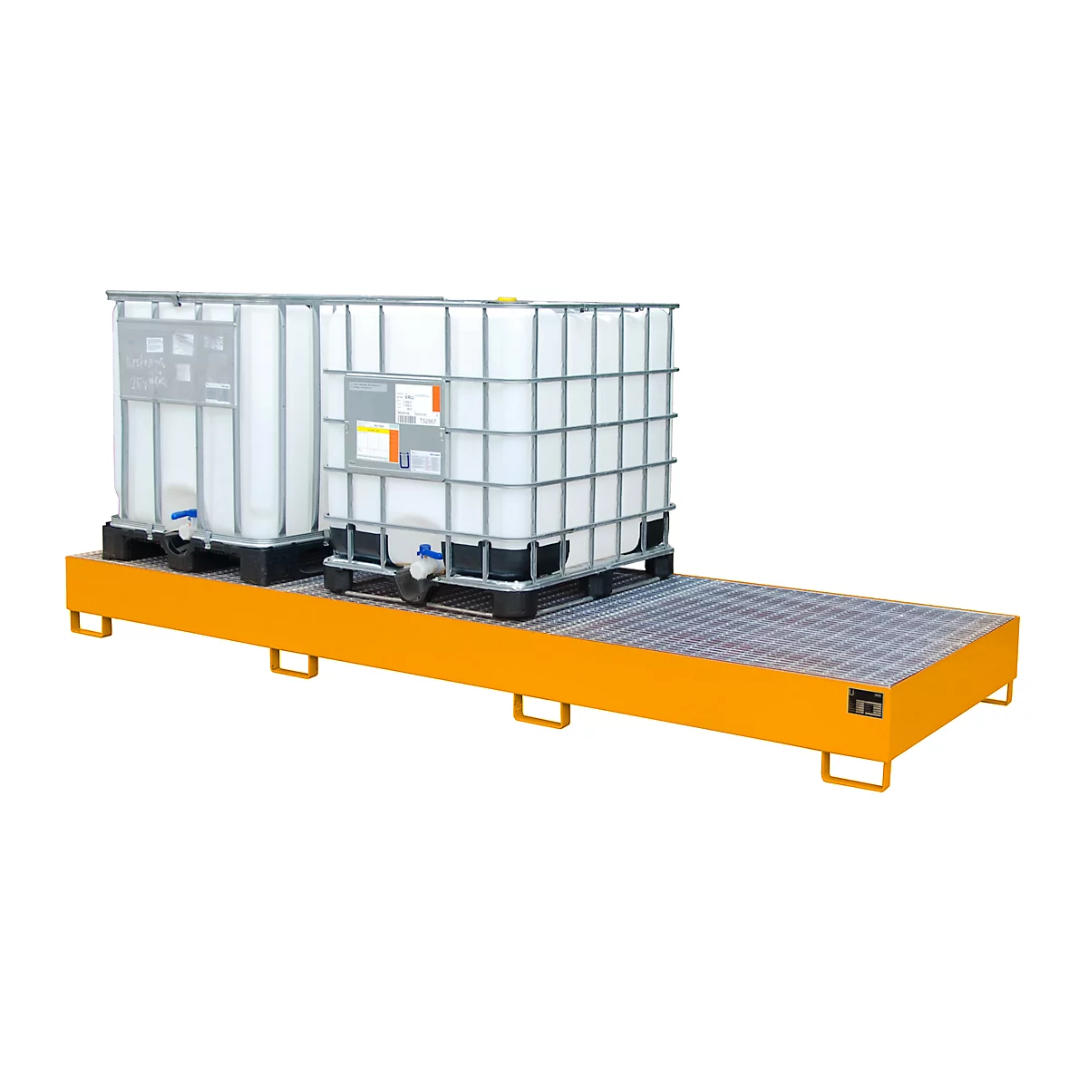 Opvangbak AW 1000-3, voor 3 IBC-containers à 1000 l of 10 vaten à 200 l, L 3850 x B 1300 x H 340 mm, toegankelijk via onderzijde, geel-oranje