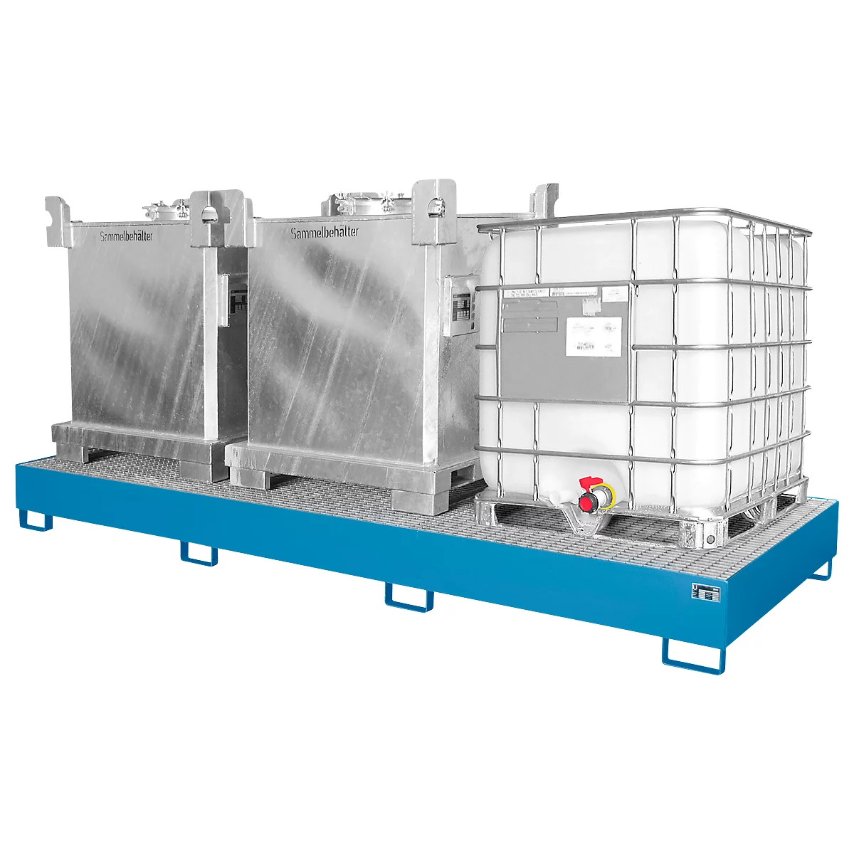 Opvangbak AW 1000-3, voor 3 IBC-containers à 1000 l of 10 vaten à 200 l, L 3850 x B 1300 x H 340 mm, toegankelijk via onderzijde, lichtblauw