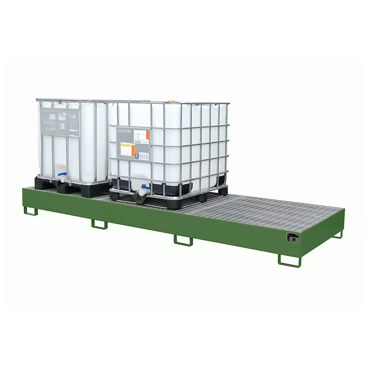Opvangbak AW 1000-3, voor 3 IBC-containers à 1000 l of 10 vaten à 200 l, L 3850 x B 1300 x H 340 mm, toegankelijk via onderzijde, reseda groen