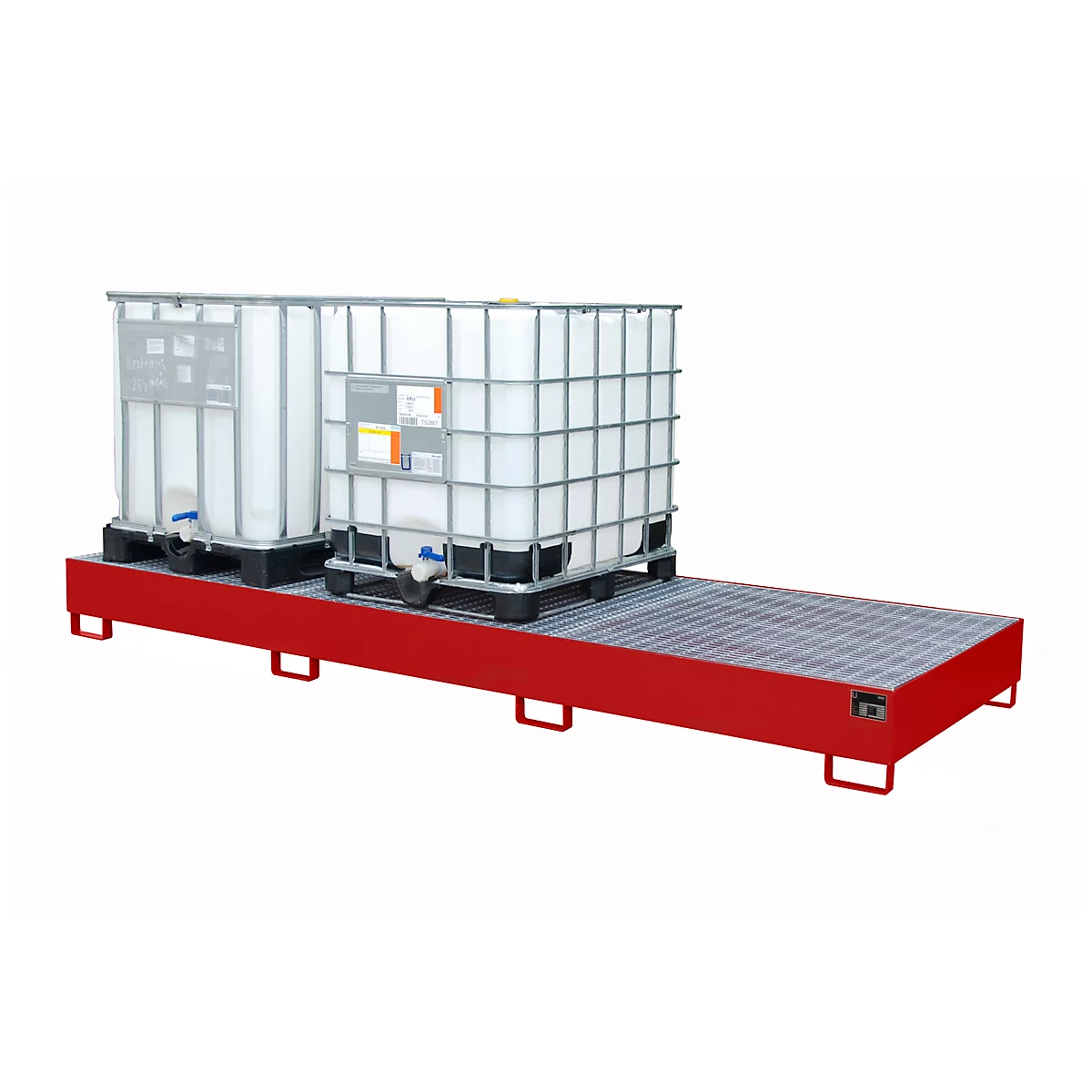 Opvangbak AW 1000-3, voor 3 IBC-containers à 1000 l of 10 vaten à 200 l, L 3850 x B 1300 x H 340 mm, toegankelijk via onderzijde, vlam rood