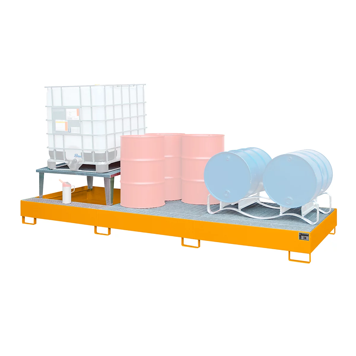 Opvangbak Bauer AWA 31, staal, oranje, L 3850 x B 1460 x H 780 mm, 1000 l, voor 3 x 1000 l IBC, 1 opzetstuk voor afval, 2 roosters