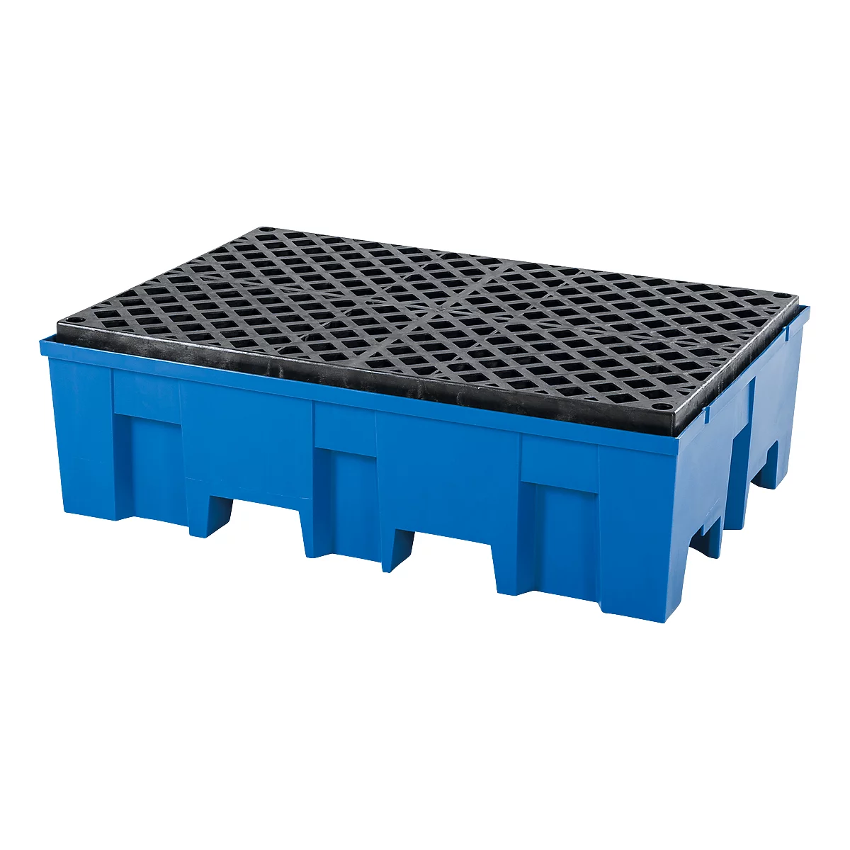 Opvangbak, voor 2 vaten van elk 200 l, met openingen voor palletwagen, B 865 x D 1245 x H 350 mm, met rooster van polyethyleen, polyetheen, blauw