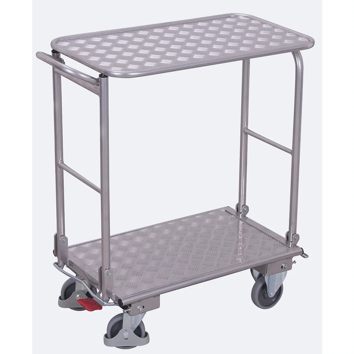 Opvouwbare hangwagen, aluminium/spaanplaat, aluminium zilver, 2 etages, L 720 x B 450 mm, opklapbaar met dwarsbeugel, TPE-wielen met EasySTOP, tot 150 kg