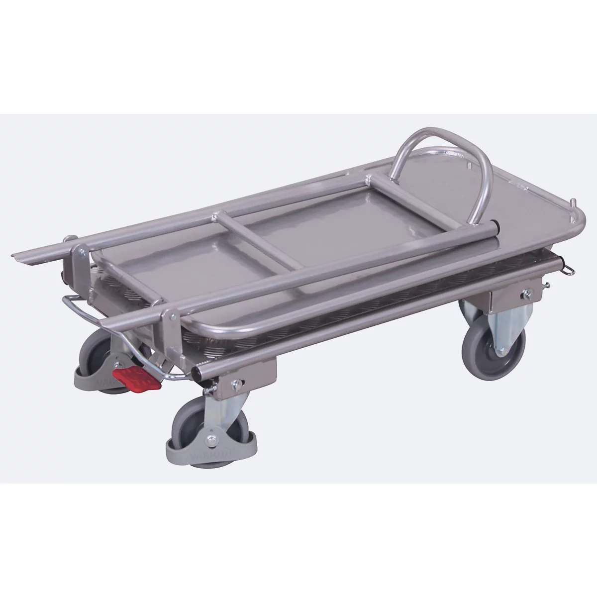 Opvouwbare hangwagen, aluminium/spaanplaat, aluminium zilver, 2 etages, L 720 x B 450 mm, opklapbaar met dwarsbeugel, TPE-wielen met EasySTOP, tot 150 kg
