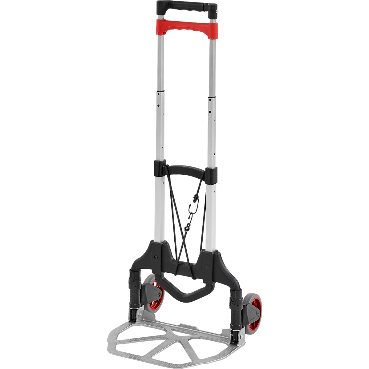 Opvouwbare winkelwagen, zilveren frame met rode accenten, zwarte handgreep en wielen.