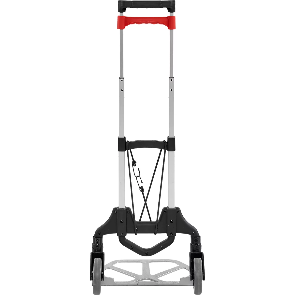 Een steekwagen, vooraanzicht. Grijze wielen, grijs frame, zwarte handvatten en rode handgreep. Twee zilverkleurige staven gaan omhoog.