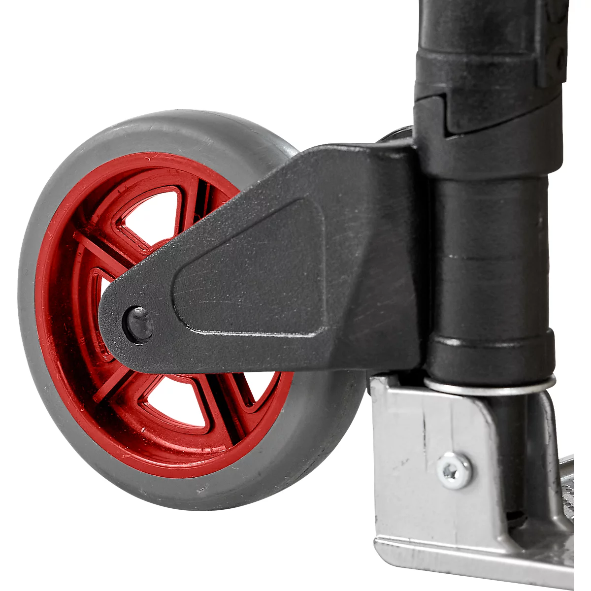 Detailopname van een scootwiel met een rode velg, grijze band en zwart plastic onderdeel.