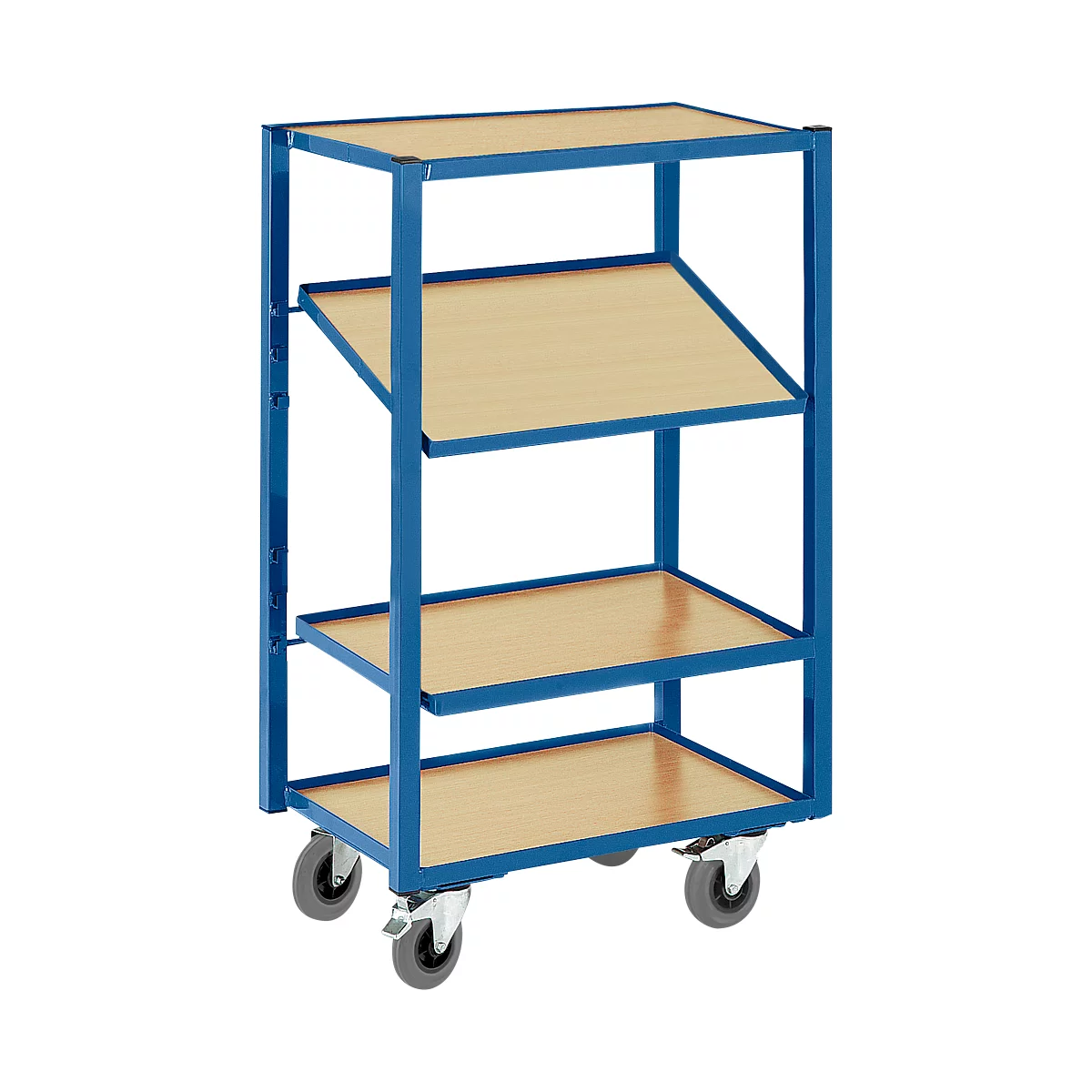 Blue serving cart with 3 wooden shelves on wheels. The second shelf is angled. The cart is in front of a white background.