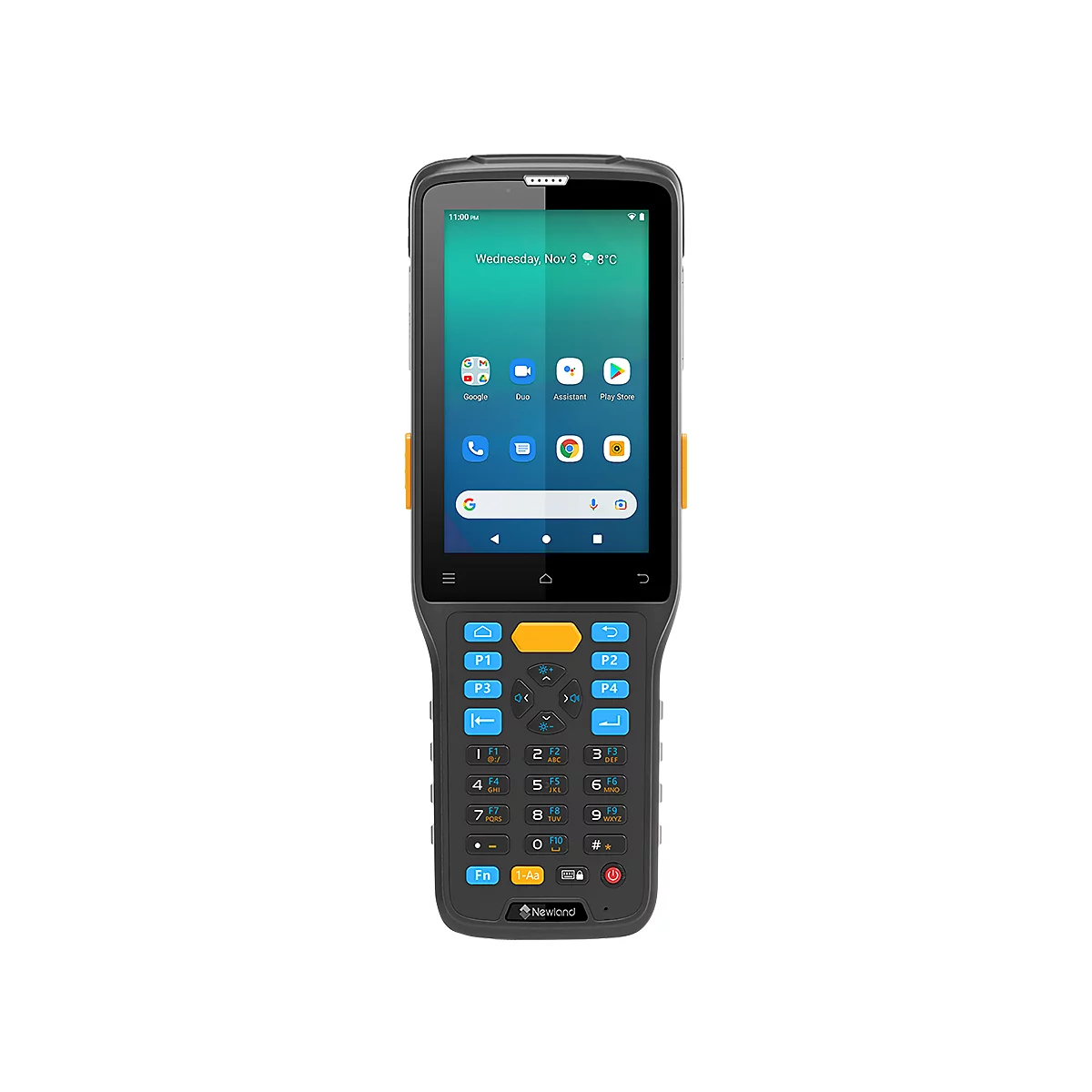 Smartphone industriel avec écran tactile, clavier physique, boutons latéraux jaunes et logo d'entreprise.