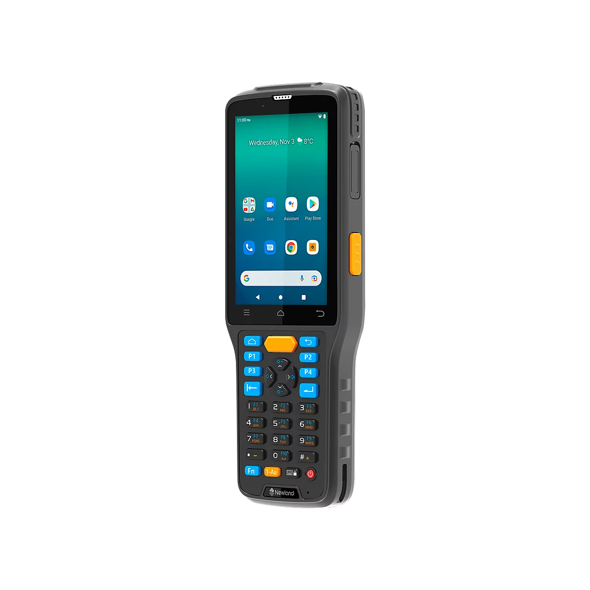 Ordinateur mobile robuste avec écran tactile et clavier physique sur fond blanc.