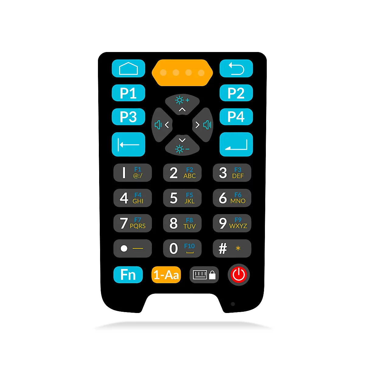 Télécommande noire avec boutons bleus et oranges et police blanche. Des chiffres, des lettres et des symboles sont affichés.