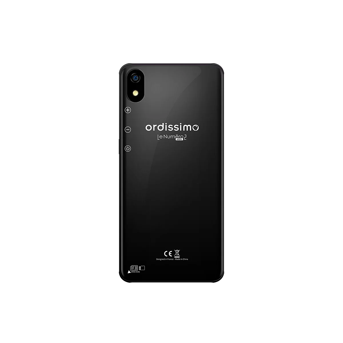 Schwarzes Smartphone mit Kamera und Bedienelementen, Aufschrift ordissimo, Mini-Label, CE-Zeichen, und Herkunft.