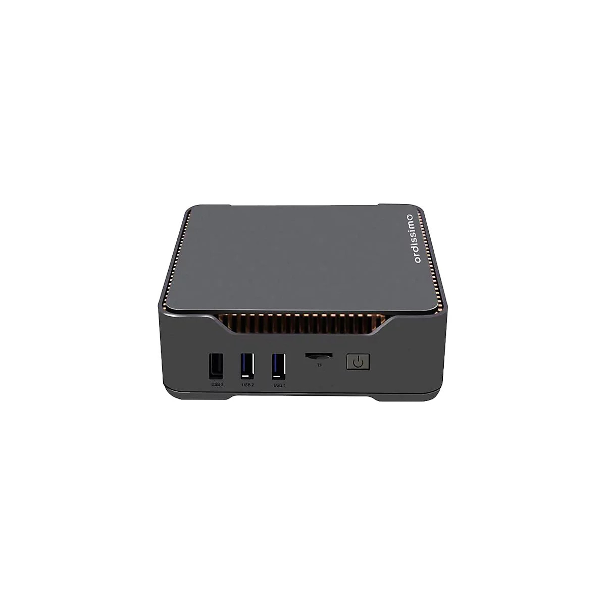 Schwarzer Mini-PC mit Anschlüssen, seitlich: USB 3, USB 2, USB 1, TF-Slot und Power-Knopf. Oben: "ordissimo".