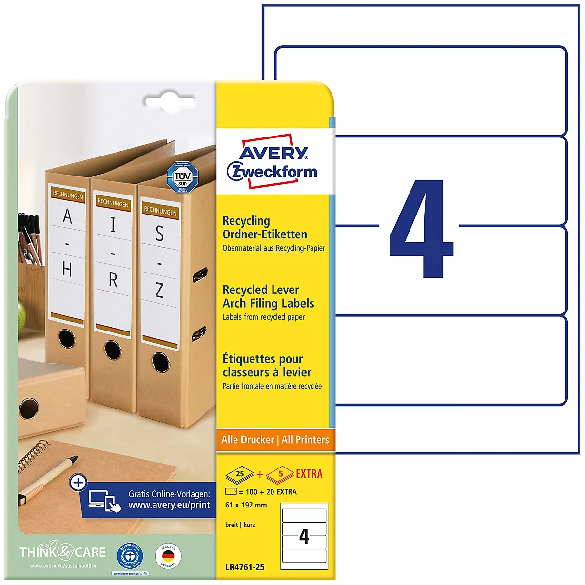Ordner-Etiketten AVERY® Zweckform, für Druckertyp Inkjet/Laser, rechteckig, permanent, 120 St., B 61 x H 192 mm, breite Ordner, Papier, naturweiß
