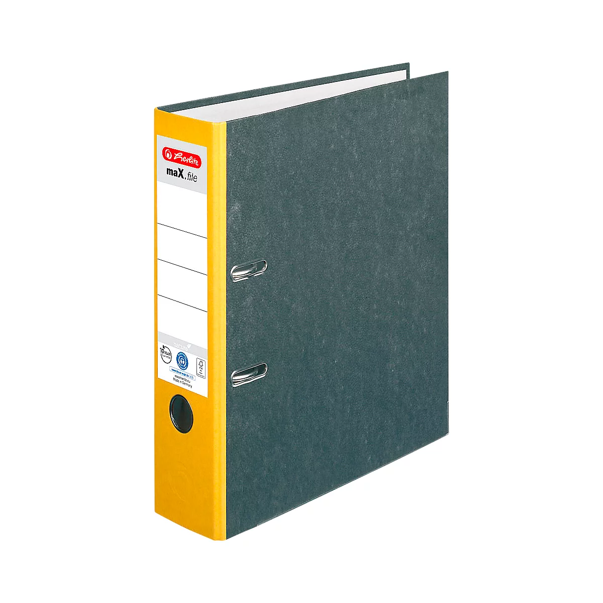 Ordner herlitz maX.file nature, DIN A4, Rückenschild geklebt, Hartpappe, Rückenbreite 80 mm, gelb, 1 Stück