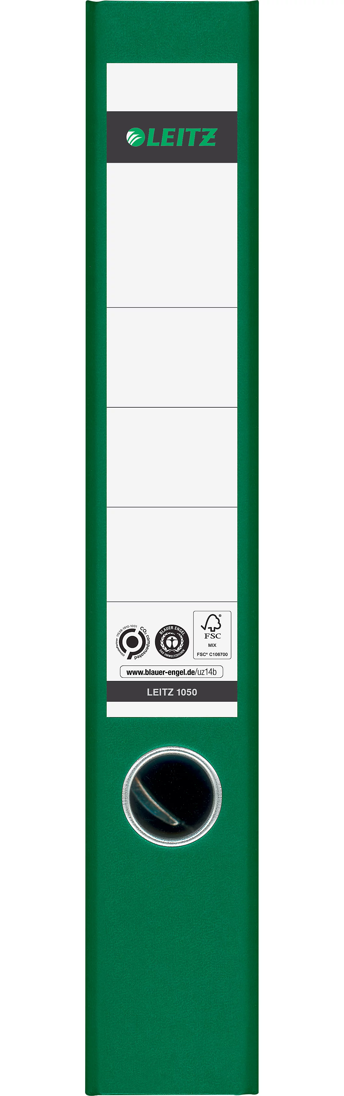 Ordner LEITZ®1050, DIN A4, Rückenbreite 52 mm, Griffloch, geklebtes Rückenschild, klimaneutral, Hartpappe, 20 Stück, grün
