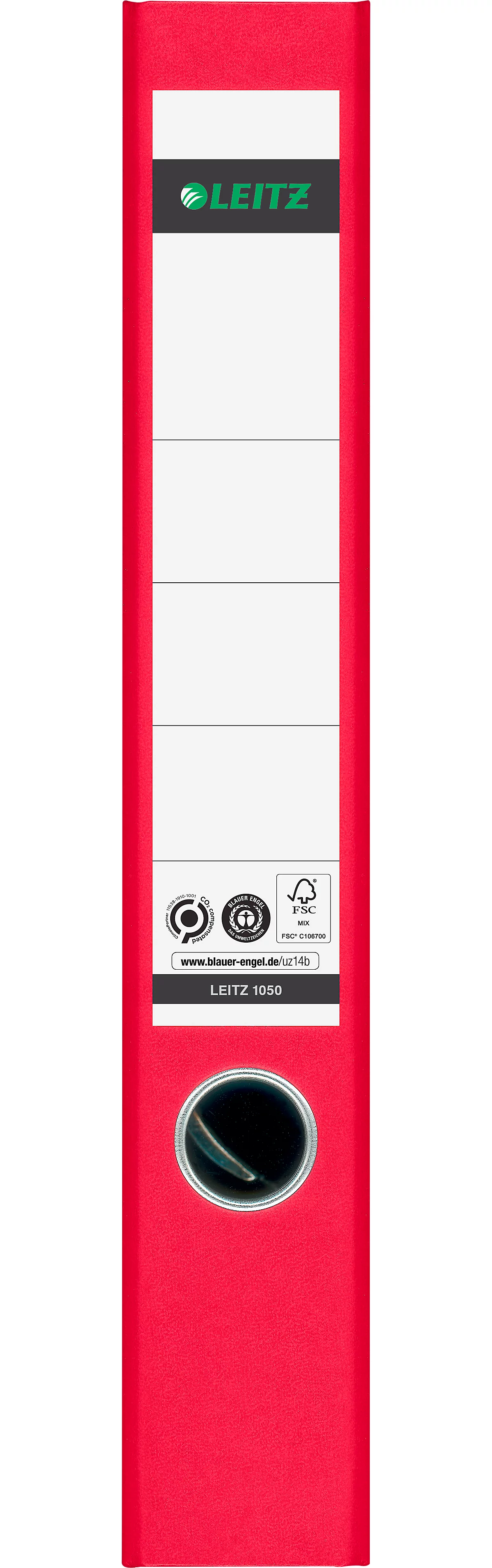 Ordner LEITZ®1050, DIN A4, Rückenbreite 52 mm, Griffloch, geklebtes Rückenschild, klimaneutral, Hartpappe, 20 Stück, rot