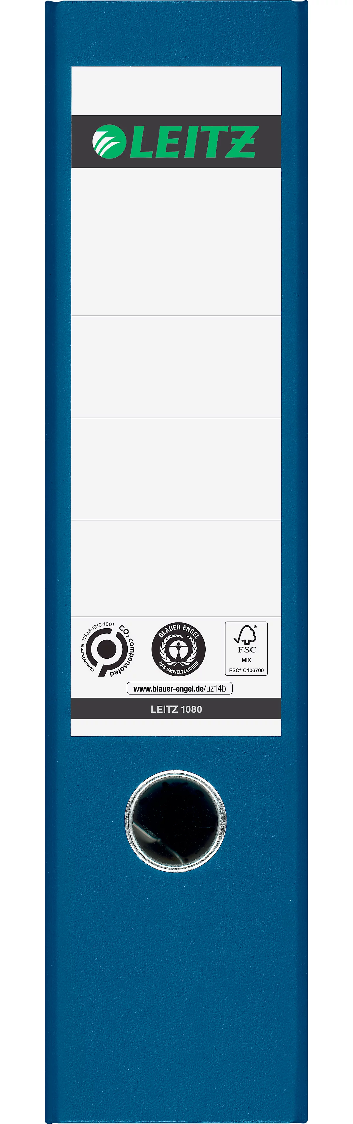 Ordner LEITZ® 1080, DIN A4, Rückenbreite 80 mm, Griffloch, geklebtes Rückenschild, klimaneutral, Hartpappe, 1 Stück, blau