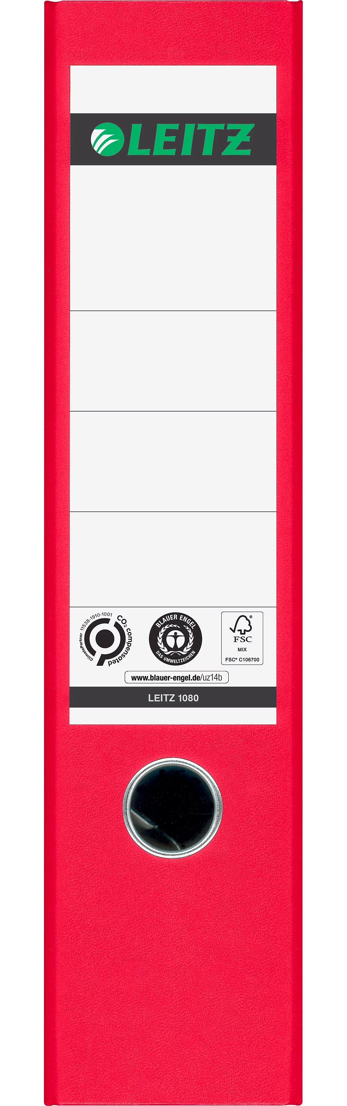 Ordner LEITZ® 1080, DIN A4, Rückenbreite 80 mm, Griffloch, geklebtes Rückenschild, klimaneutral, Hartpappe, 1 Stück, rot