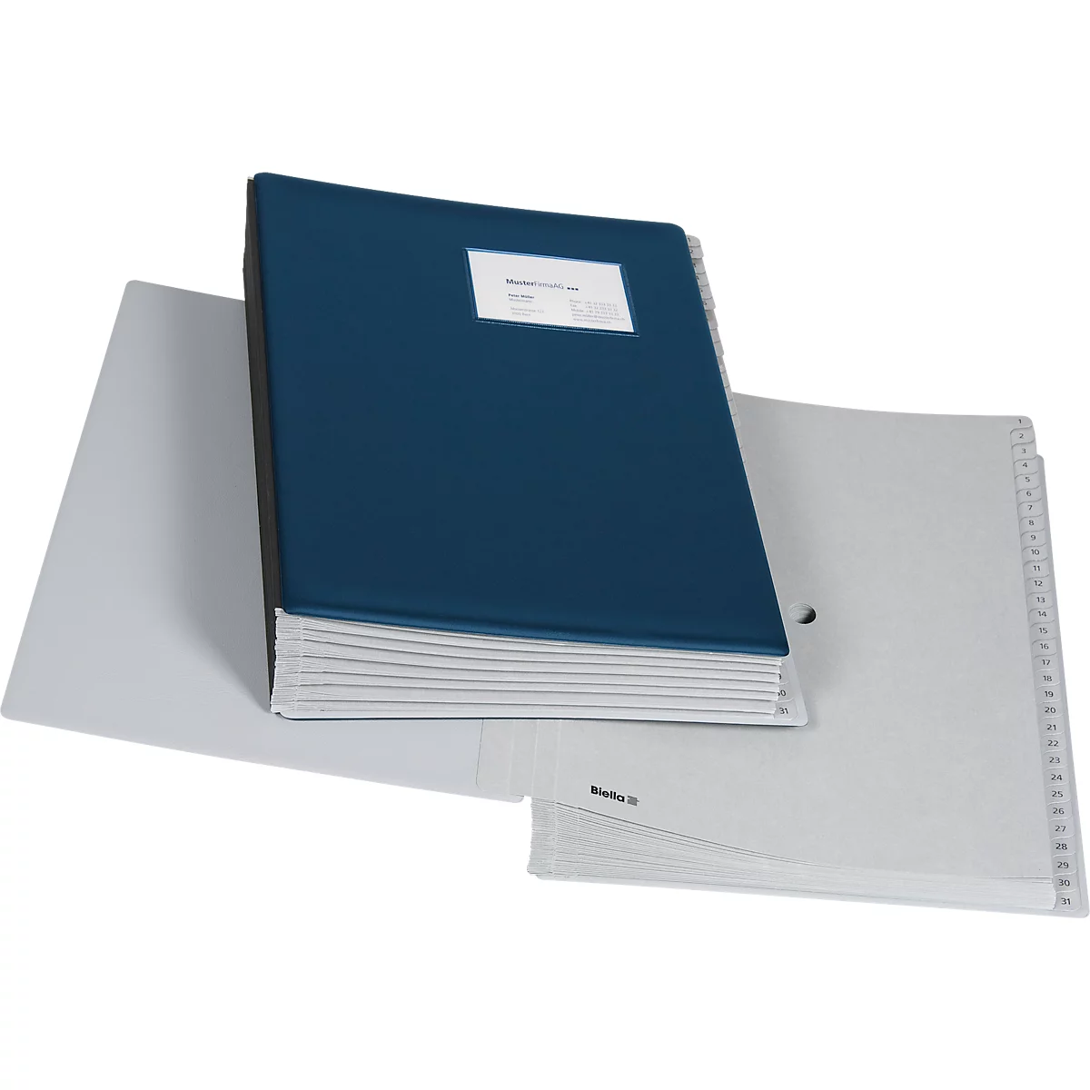 Blaues Ringbuch liegt geöffnet auf weissen Blättern. Auf dem Deckel ein weisses Etikett, darunter Seiten mit Registern.