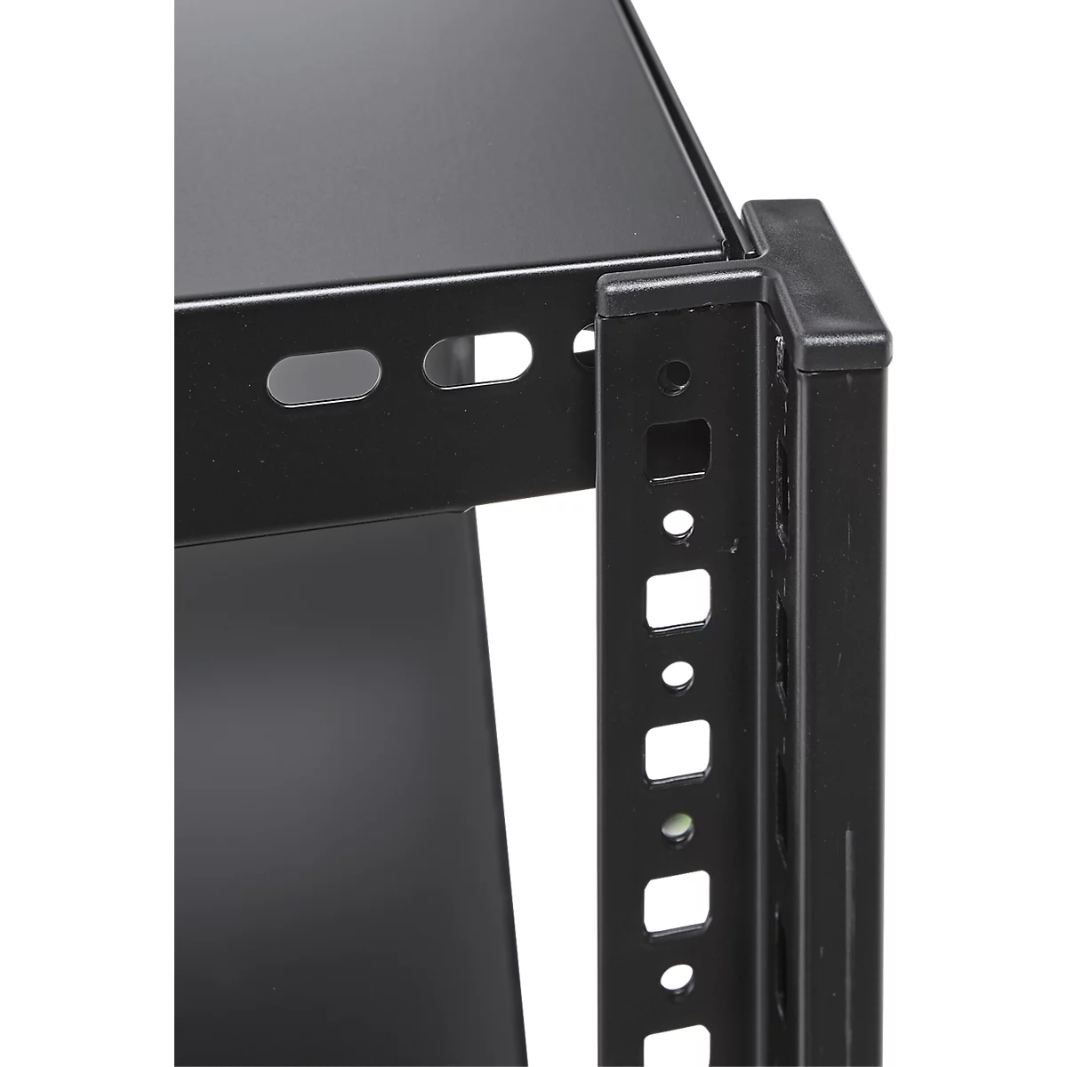 Close-up of a black server rack corner with holes and a support pillar.